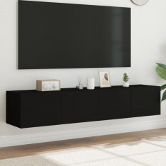 vidaXL Comode TV de perete cu lumini LED, 2 buc., negru, 80x35x31 cm foto