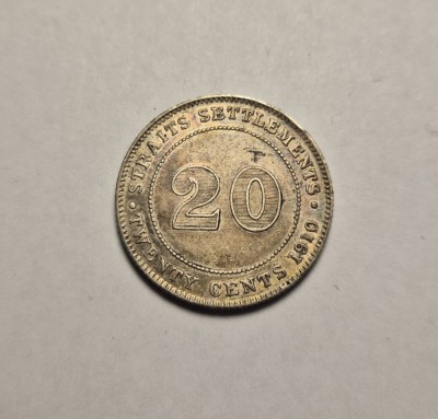 Straits Settlements 20 Cents 1910 Piesa frumoasa de Colectie foto