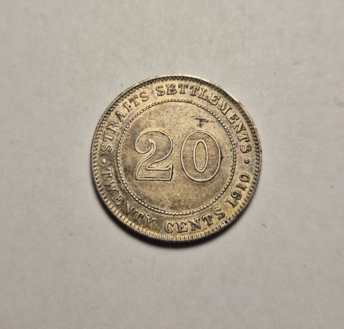 Straits Settlements 20 Cents 1910 Piesa frumoasa de Colectie