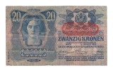 Bancnota Austro-Ungaria 20 kronen/korona/coroane 2 ianuarie 1913, surprastampila 1919, stare buna