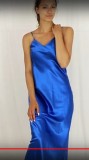 Neglijeu Dama Sexy Albastru Satin Lunga 2XL Pijama Femei Camasa Noapte Lux