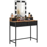HOMCOM Coafare masă de machiaj oglindă LED reglabilă integrată - picior metalic negru - 4 sertare din material textil - Aspect lemn &icirc;ntunecat | Aosom