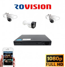 Kit supraveghere video mixt 3 camere, 1 exterior 2MP 1080P full hd IR20m si 2 interior 2MP IR20m,inclus soft vizualizare telefon,pc foto