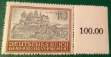 Timbru rar WW2 cu margine de coală și număr de decontare &ndash; Guvernăm&acirc;ntul General (Polonia ocupată) &ndash; 1943, Castelul Wawel 10 Zloty (MNH / Neuzat)