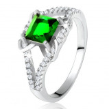 Inel din argint 925, zircon pătrat, verde, braţe bifurcate, X - Marime inel: 50