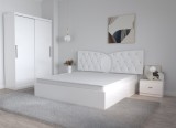 Dormitor Kent Alb cu Pat Matrimonial 160 cm x 200 cm Dulap 2 usi glisante fara oglinda si Noptiere