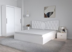 Dormitor Kent Alb cu Pat Matrimonial 160 cm x 200 cm Dulap 2 usi glisante fara oglinda si Noptiere foto
