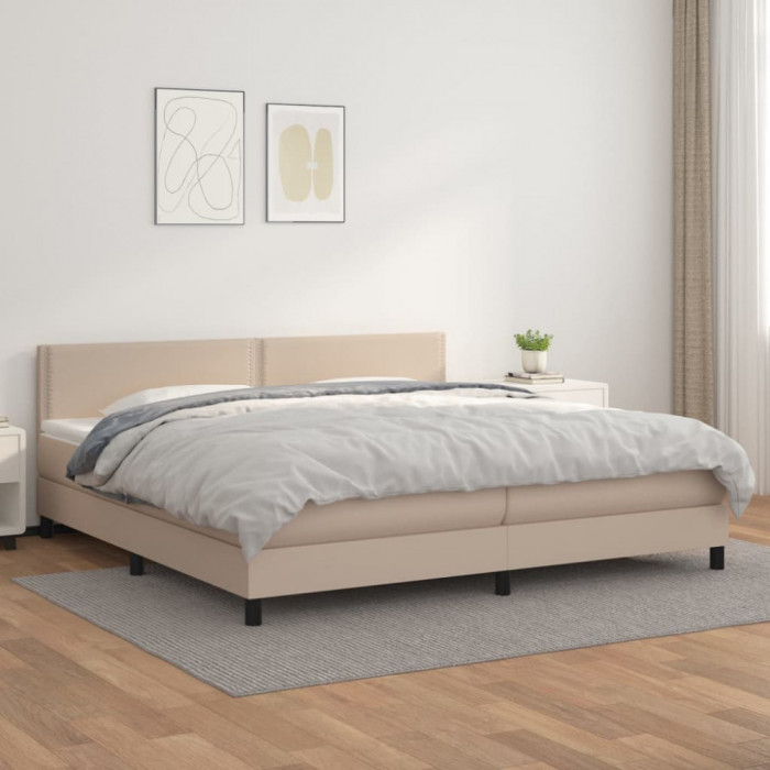 vidaXL Pat continental cu saltea, cappuccino, 200x200 cm, piele eco