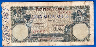(18) BANCNOTA ROMANIA - 100.000 LEI 1946 (21 OCTOMBRIE 1946), FILIGRAN ORIZONTAL foto