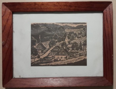 Sat la munte, gravura veche, 25 x 19 / 12 x 10, semnat indescifrabil, rama foto