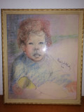 Tablou desen pastel pe hartie portret bebe copil 1976 45x37.5 cm, Portrete, Altul
