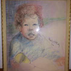 Tablou desen pastel pe hartie portret bebe copil 1976 45x37.5 cm