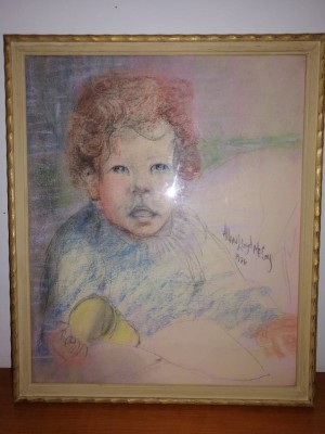 Tablou desen pastel pe hartie portret bebe copil 1976 45x37.5 cm foto
