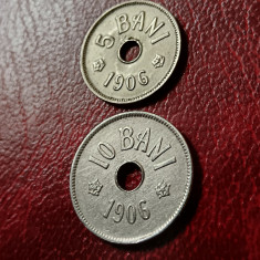 Lot 2 monede Romania, 5 bani + 10 bani 1906 (ambele litera J), stare FB, [poze]