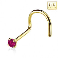 Piercing curbat din aur galben de 14K pentru nas, zirconiu roz închis, 2 mm