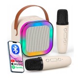 Set karaoke wireless cu 2 microfoane pentru duet si boxa Bluetooth portabila de 6 W,card TF si AUX,acumulator reincarcabil 800 mAh,design compact p