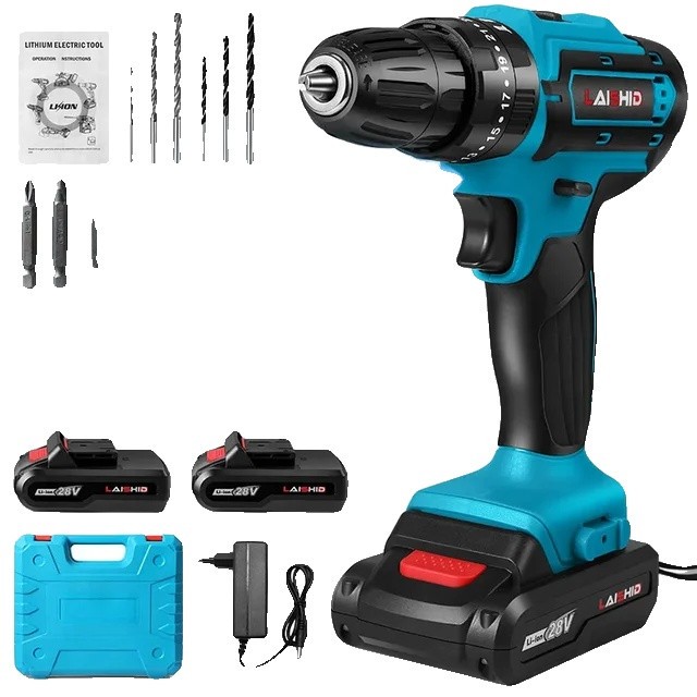 Masina de gaurit si insurubat cu impact, fara fir, 28V, 32 cuplu, 1300mAh, negru si rosu, set 24 accesorii