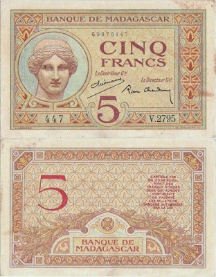 1937, 5 francs (P-35a.2) - Madagascar - stare UNC foto
