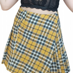 Fusta mini plisata, pentru sezonul rece, cu imprimeu tartan, in carouri, galben, 36