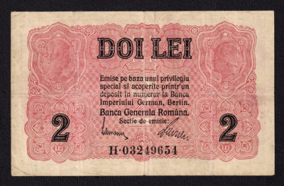 ROMANIA 2 Lei BGR - 1917 , nestampilata . Banca Generala Romana. VF . Mai rara foto