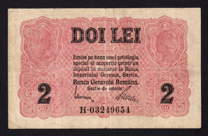 ROMANIA 2 Lei BGR - 1917 , nestampilata . Banca Generala Romana. VF . Mai rara