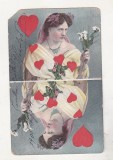 Bnk cp Carte postala - carti de joc - Dama de inima rosie - circulata Bacau 1905 - uzata