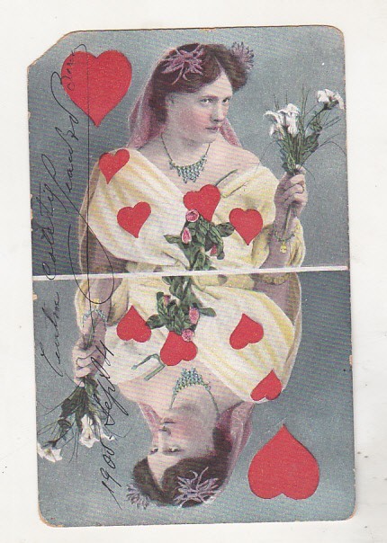 bnk cp Carte postala - carti de joc - Dama de inima rosie - circulata Bacau 1905 - uzata