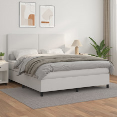 vidaXL Pat box spring cu saltea, alb, 180x200 cm, piele ecologică