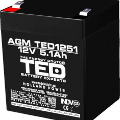 Acumulator 12V, TED Electric Stationar VRLA, Dimensiuni 90 x 70 x 98 mm, Baterie 12V 5.1Ah F2
