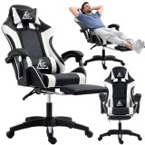 Scaun gaming, functie reclinare 90-180&deg;, perna lombara cu masaj USB, suport cervical, sarcina maxima 150 kg, piele ecologica, Negru