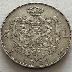 5 Lei 1883 Argint, Carol I, Romania, AU, varianta dreptunghi la coroana
