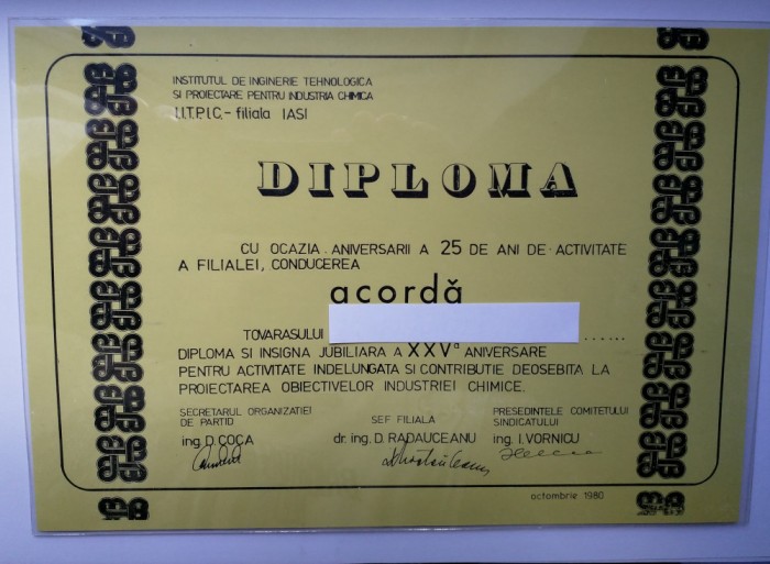 Diploma a XXV aniversare Iprochim - I.I.T.P.I.C. Filiala Iași