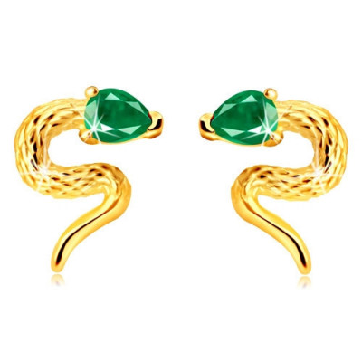 Cercei din aur 375 - imagine de șarpe răsucit cu cap de zirconiu de culoare verde, &amp;icirc;nchidere de tip fluturaș foto