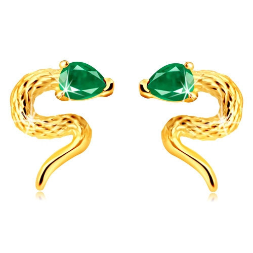 Cercei din aur 375 - imagine de șarpe răsucit cu cap de zirconiu de culoare verde, &icirc;nchidere de tip fluturaș
