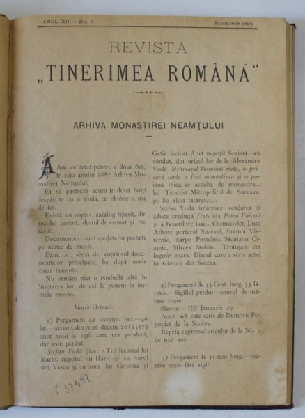 REVISTA &#039;&#039; TINERIMEA ROMANA &#039;&#039; COLEGAT DE 6 NUMERE , ANUL XIII , 1895 - 1896