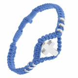 Brățară albastră &icirc;mpletită, cruce lucioasă din oțel și cercuri, ajustabilă