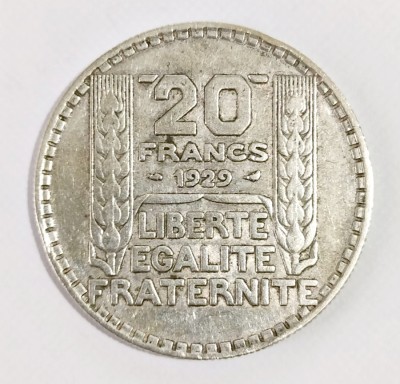FRANTA 20 FRANCI 1929 ARGINT VF++XF foto