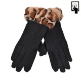 Mănuși Femei Touchscreen, Suede, Blană Artificială Leopard, Culoare Negru/Maro, 1 Pereche, Oem