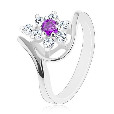 Inel de culoare argintie, brațe asimetrice, floare formată din zirconiu violet - transparent - Marime inel: 52 foto