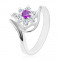 Inel de culoare argintie, brațe asimetrice, floare formată din zirconiu violet - transparent - Marime inel: 52