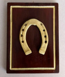 Potcoava aurita pe placheta vintage de lemn, aplica pentru protectia casei