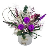 Aranjament floral cu trandafiri criogenati si plante criogenate (Multicolor)