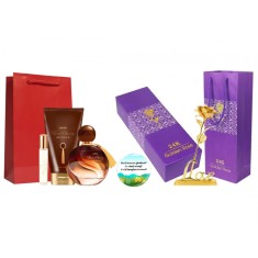 Set cadou pentru Ea, parfum de femei Far Away Beyond insotit de lotiune, mini apa, trandafir auriu din plastic suflat la baza cu aur si insigna Dactyl