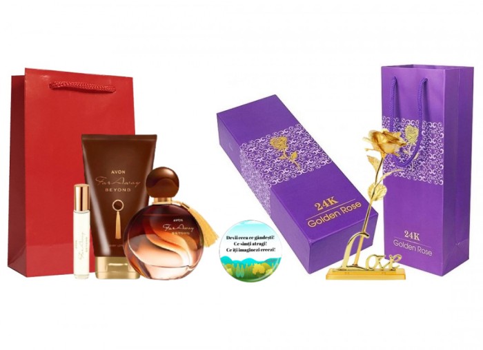 Set cadou pentru Ea, parfum de femei Far Away Beyond insotit de lotiune, mini apa, trandafir auriu din plastic suflat la baza cu aur si insigna Dactyl