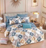 Cumpara ieftin Lenjerie pat dublu,bumbac finet,6 piese,cearceaf cu elastic,alba albastra cu romburi-A1471