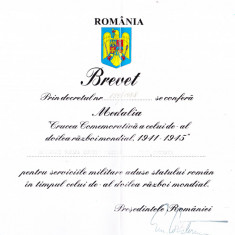 AMS - BREVET MEDALIA CRUCEA COMEMORATIVA WW2 1941-1945, +PIESA+PLIC