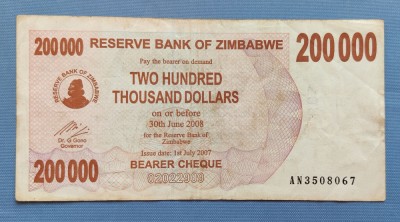 Zimbabwe - 200 000 Dollars / dolari (2008) sAN350 foto