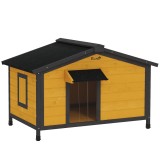 PawHut Caseta pentru C&acirc;ini Exterior cu Acoperiș Asfaltic Rabatabil Ferestre și Bază Detașabilă 97x72x65 cm Lemn Natural | Aosom Romania