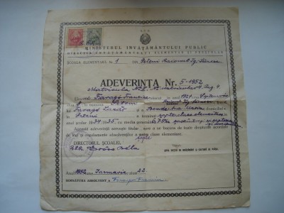 Adeverinta sapte clase elementare RPR, 1952 foto