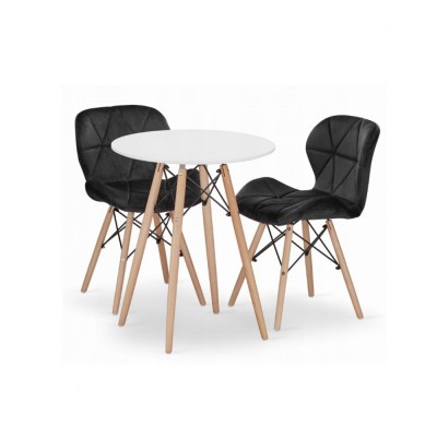 Set masa rotunda stil scandinav + 2 scaune Lago catifea, Artool, MDF si lemn, alb si negru, 60x72 cm foto